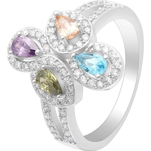 Silver plated Wedding band gift for women Cross bridal Engagement Ring flower spring imitation yellow purple cz rings