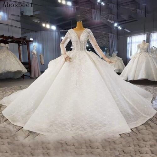 Long Sleeve Wedding Dress 2021 Deep V Neck Ball Gown Bridal Dress Plus Size Luxury Beadsing 200CM Train Robe Mariee