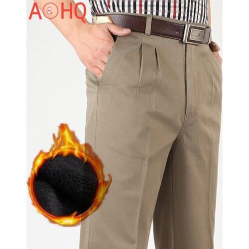 Warm Thick Fleece Winter Casual Pants Men Loose Straight Classic High Waist Cotton Office Trousers Plus Size 42 44 46