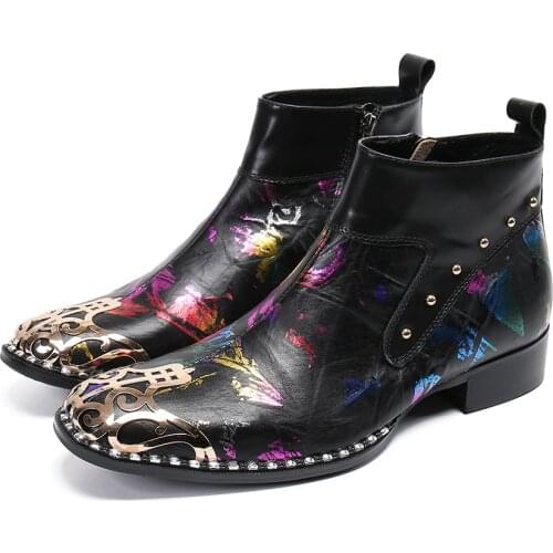 Trending Metal Toe Men Colorful Bronzing Leather Boots Large Size Mens Motorcycle Boots Fashion Man Party Dress Ankle Boots