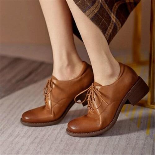 PXELENA Retro British Women Derby Shoes Sheepskin Real Leather Lace Up Comfort Soft Casual Daily Office Oxfords Plus Size 34-42