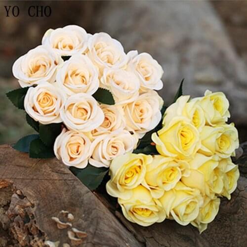 YO CHO 12 Heads/Bouquet Silk Fake Rose Flowers Artificial Fabric Flower Bundle Wedding Home Table Garden Decor Fake Roses Flower