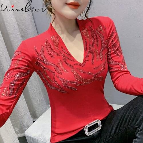 Spring Fall European Clothes Cotton T-Shirt Fashion Sexy V-Neck Drape Button Shiny Diamonds Women Tops Long Sleeve Tees T18716A