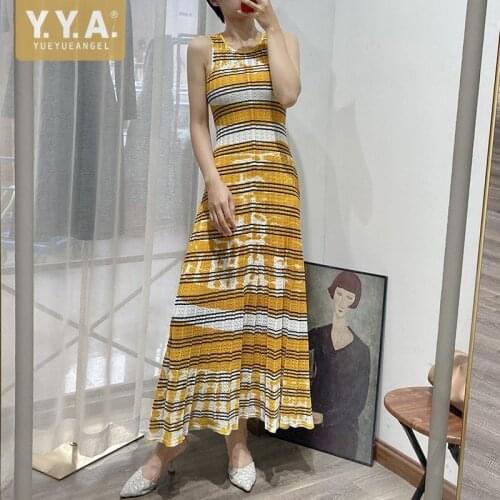 Summer Women Hollow Out Knitted Ankle Length Long Dress Sleeveless Holiday Beach Tank Sundress Colors Panelled Striped Dresses