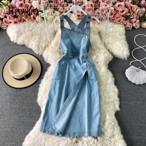 Women 2021 Summer Fashion Temperament Single Breasted Sleeveless Split Denim Jean A-Line Dress