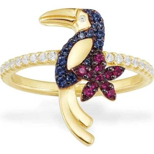 SLJELY High Quality Real 925 Sterling Silver Gold Color Tropical Jungle Multicolor Toucan Bird Ring Women Fahsion Brand Jewelry