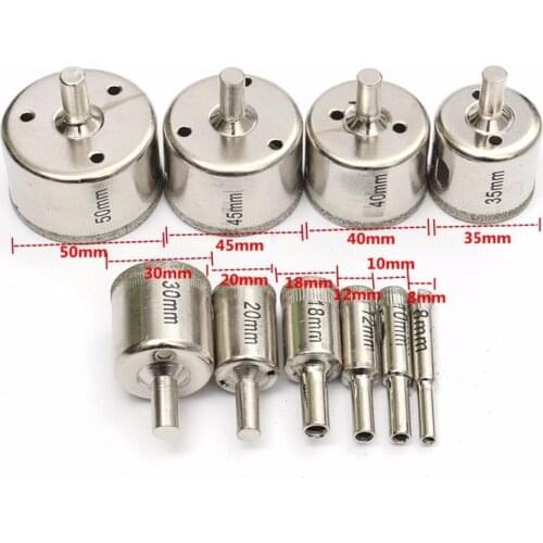 10pcs/set Alloy Silver Diamond Core Drill Bits Hole Saw 8-50mm For Glass Marble 8 10 12 18 20 30 35 40 45 50mm