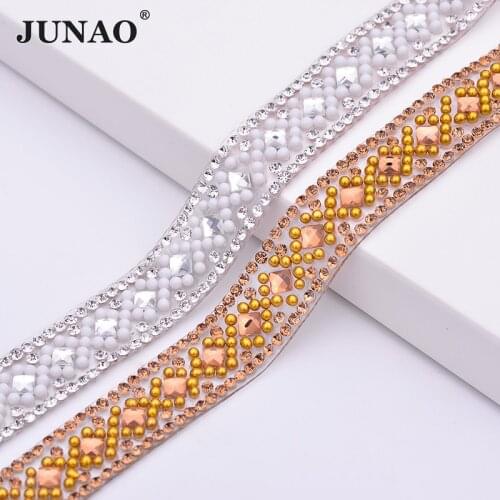 JUNAO 5 Yard*15mm Clear Brown Color Hotfix Glass Rhinestones Chain Trim Crystal Fabric Appliques Strass Banding For Dress Shoes