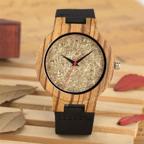 Red Seconds Gold Wrinkles Display Natural Wood Male Watch Quartz Movement Black Genuine Leather Watch Band Stylish Mens Watch