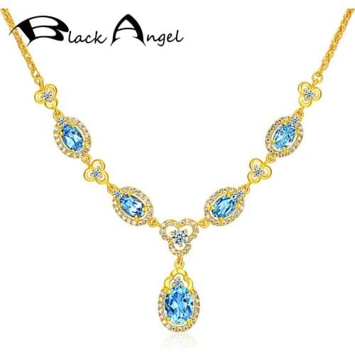 BLACK ANGEL Shiny 18K Gold Luxury Blue Topaz Gemstone Water Drop Ruby Emerald Pendant Wedding Necklace For Women Jewelry Gift