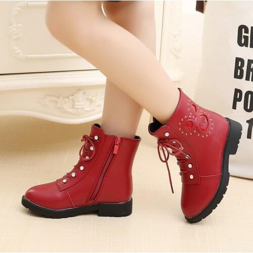 Kids Leather Boots for Girls Children Short Ankle Boots Autumn Winter Fashion Solid Colors Non-Slip Snow Boots STQ063