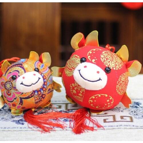 Kids New Year Gift Round Shape Flower Print Cartoon Lucky Cattle Mascot Home Cafe Kids Doll Pendant Gift