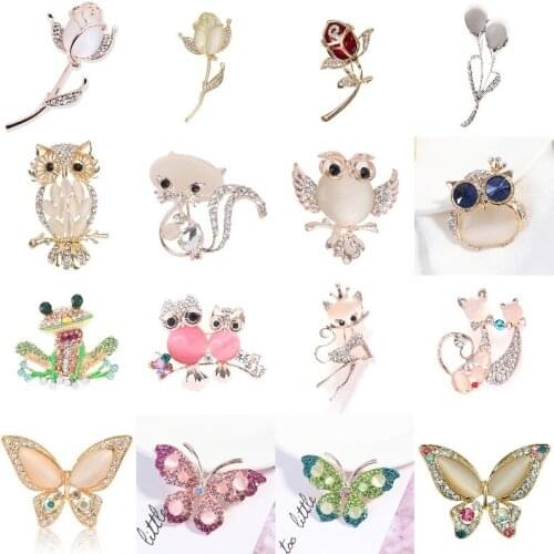 Elegant Crystal Rhinestone Butterfly Frog Twin Cats Owl Opal Stone Animal Brooches Pin For Women Suit Brooch Clothing Buckle