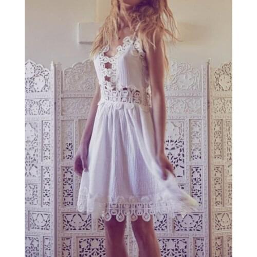 ElfStyle Luxury White Tayler Fashion Woman Crochet Embroidery Short Dress With thin straps Hollow detail hot beach dresses