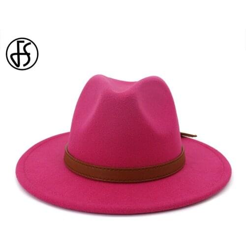 FS Women Wide Brim Wool Felt Jazz Fedora Hats Panama Elegant Lady Fedoras Trilby Cap With Belt Men Gambler Hat Party Cap