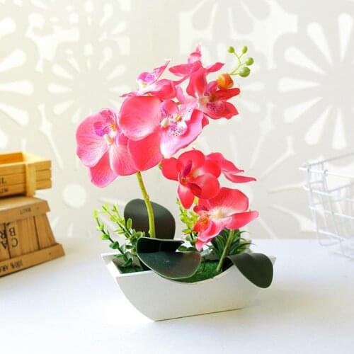 Artificial Flower Butterfly Orchid Wooden Boat Shape Pot Bonsai Party Desk Decor
