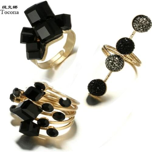 Tocona Punk Antique Black Crystal Stone Opening Gold Rings Set for Women Men Adjustable Gothic Statement Party Jewelry кольца