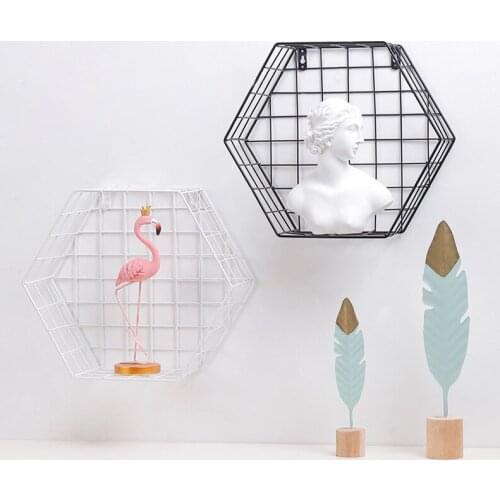 Wrought Iron Hexagon Grid Rack Wall Combination Wall Hanging Home Restaurant Study Wall Decoration Wall Decoration