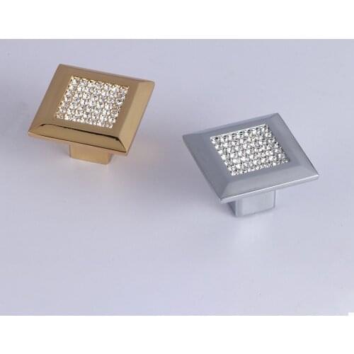 Square Cabinet Handles and Knobs with Crystal All Metal Drawer/Furniture Pulls Euro Style Bundle Sale Gold and Polished