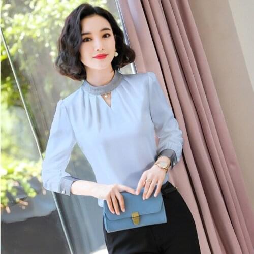 Fashion Women Blouses & Shirts Sky Blue Long Sleeve Office Ladies Work Wear Clothes OL Styles
