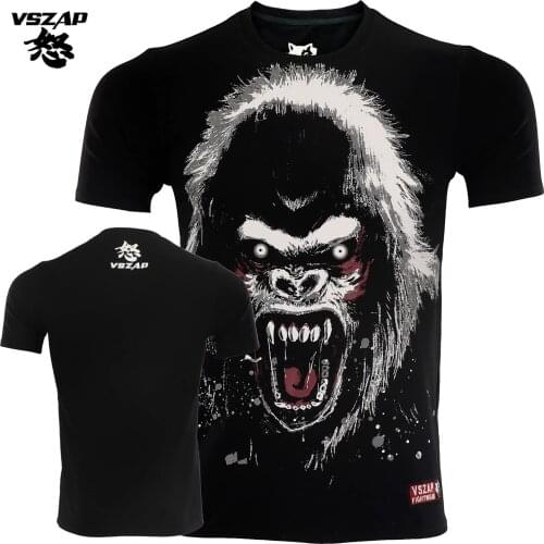 VSZAP Men Short Sleeve Cotton T-Shirt Gorilla Pattern Breathable Sweat Absorb MMA Fight Gym Training Sports Running