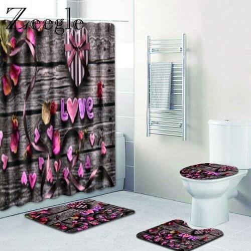 Valentines Day Bath Mat Set Anti Slip Mat for Bathroom Waterproof Shower Curtain Bath Carpet Toilet Foot Mat Toilet Seat Cover