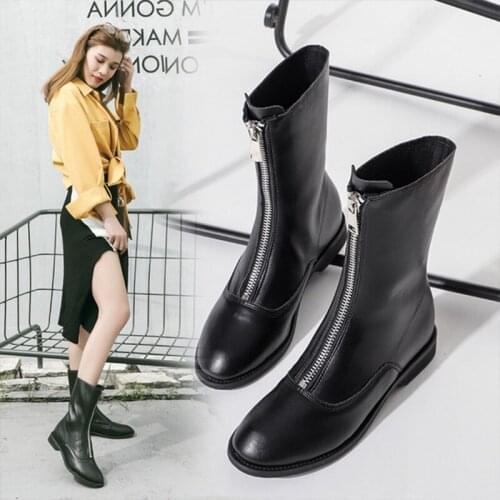 2020 Spring And Autumn New Womens Boots British Style Mid-Tube Short Boots Front Zipper Winter Plus Velvet Martin Boots