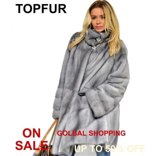 TOPFUR 2020 New Fashion Winter Real Fur Coat Women Light Grey Mink Coat With Belt Fur Stand Collar Full Sleeve garment Full pelt