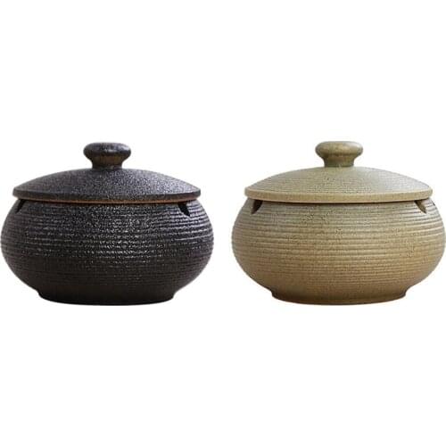 2 Pcs Ceramic Ashtray with Windproof Lid for Indoor Outdoor Use, Black & Green