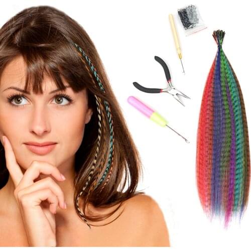 Feather Hair Extension 40S/Lot Mixed Color Straight Synthetic I Tip Hair Extensions With Micro Rings 2 Crochet Hooks 1 Plier Kit