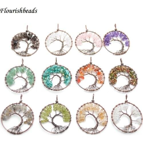 Various Natural Stone Chips Life Tree Antique Bronze Wire Wrapped Round Metal Pendants 5pc per lot Fashion Jewelry