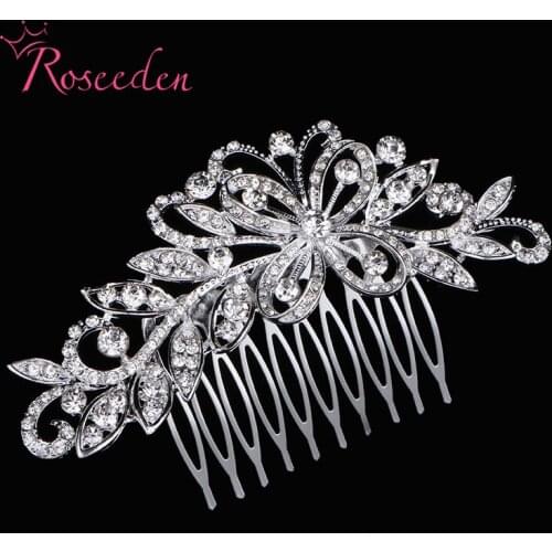 Silver plated wedding hair combs beautiful rhinestones leaves floral combs headdress hair accessories RE807