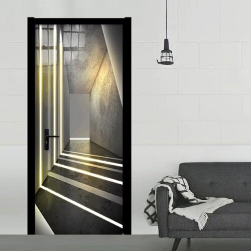 PVC Self-Adhesive Waterproof Door Sticker Nordic Abstract Corridor Optical Line Art Decorative Wallpaper Living Room Door Poster