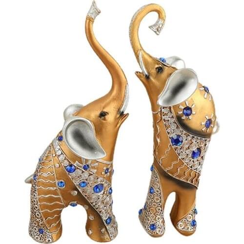 Golden Resin Elephant Statue Lucky Feng Shui Elegant Elephant Trunk Statue Lucky Wealth Figurine Crafts Ornaments For Home Decor