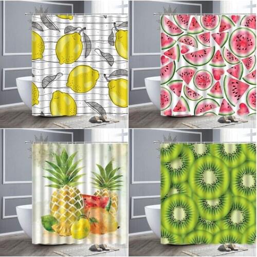 Tropical Fruit Shower Curtain Lemon Watermelon Pineapple Kiwi Pattern Childs Bathroom Decor Waterproof Polyester Fabric Curtains