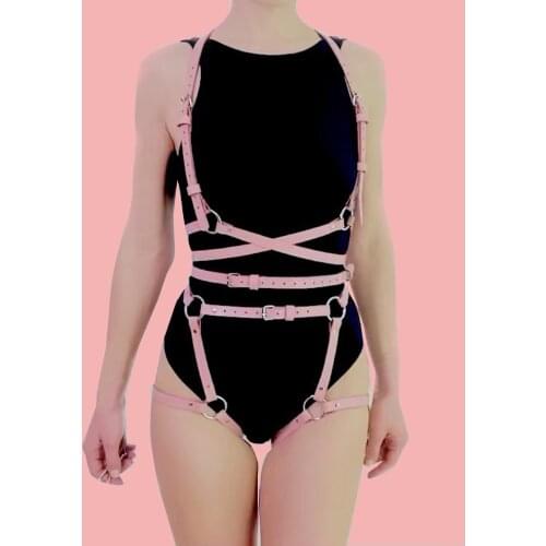Pastel Goth Leather Harness Women Pink Punk Garter Belt Bdsm Bondage Lingerie Full Body Suspender Straps Rave Festival Clothing