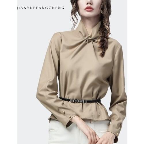 Neckline Twisted Women Solid Long Sleeve Blouse With Belt 2021 Autumn New Elegant Slim Stand Neck Tunic Shirt Office Ladies Tops