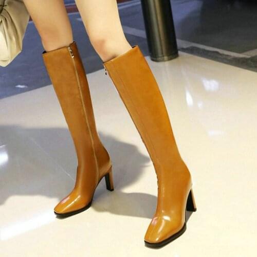 2020 New Women Knee High Heel Boots Fashion Thick High Heel Women Shoes Square Toe Zipper Ladies Winter Boots Big Size 43