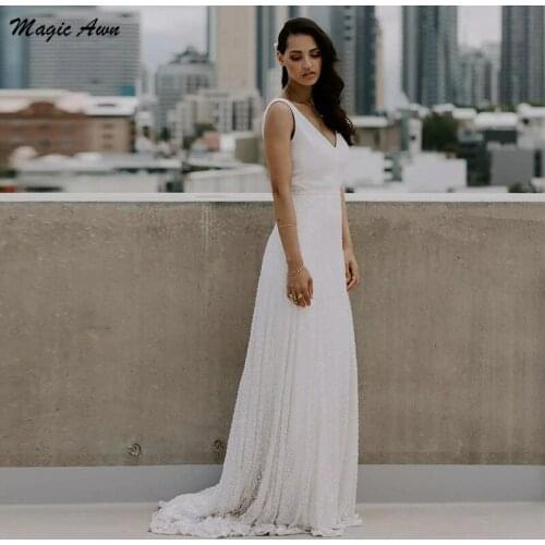 Magic Awn Shiny Sequins Wedding Dresses Beach V-Neck Backless Boho Wedding Party Gowns Glitter Customized 2021 Abito Da Sposa