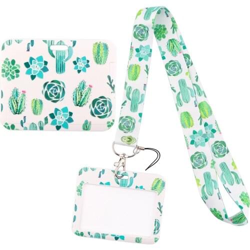 1pcs ZF2999 Green Plant Cactus Fashion Lanyard ID Badge Holder Bus Pass Case Cover Slip Bank Credit Card Holder Strap Cardholder