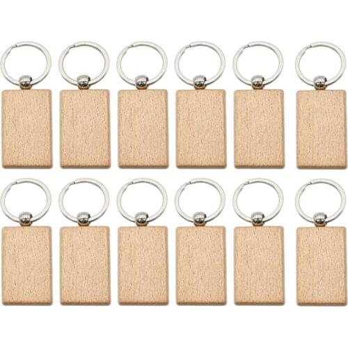 12 Pcs Blank Wooden Key Chain Rectangle Key Chain Tags Wood Keychains Key Ring for DIY Craft