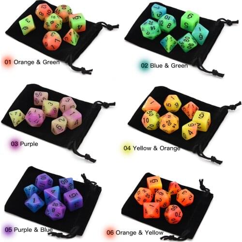 7pcs/set Glowing Polyhedral Luminous DnD Dice Set for Dungeons and Dragon MTG DND Role Playing Game with Drawstring Bag