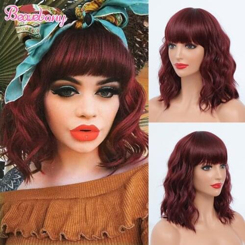 Beauebony Synthetic Hair Drag Queen Burgandy Bob Wig With Bangs Short Bug Wigs For Black Women Synthetic Wig Hair Free Shipping