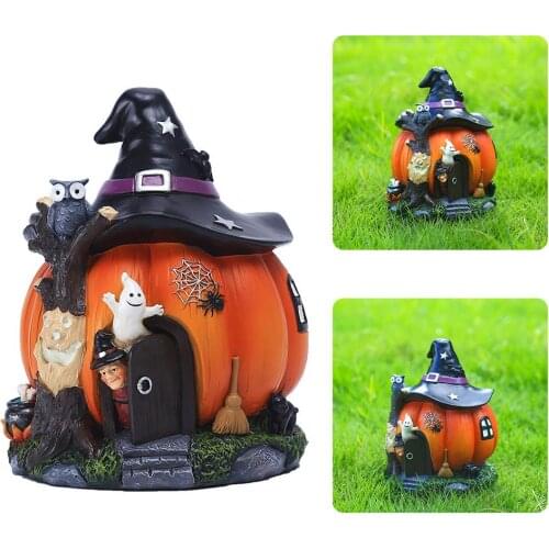Halloween Witch House Pumpkin Ornament Luminous Garden Lawn Resin House Statue Figurine Party Props Yard Home Art Decorations