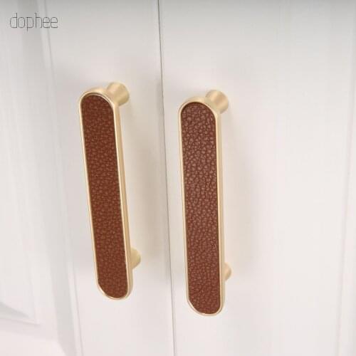 Dophee 1pc Wardrobe Drawer Door Pull Genuine Leather Handle Kitchen Cabinet Zinc Alloy Furniture Handle Hardware