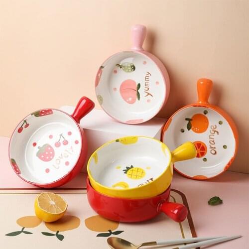 Japanese Style Fruit Bowl Ceramic Handle Oven Baked Rice Bowls Strawberry Tableware Breakfast Milk Pot Hand Painted Underglaze