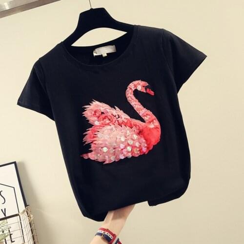 Short-Sleeved T-shirt Womens Clothing New Korean Style Spring and Summer Slim-Fit Sequin Swan Tshirt Girls Students Black Tee