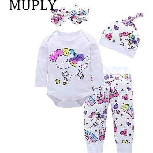 Newborn Baby Girl Clothes Sets Unicorn Pegasus Star Castle Tops+Pants+Hat+Headband 4PCS For Infant Baby Boys Clothing Outfits