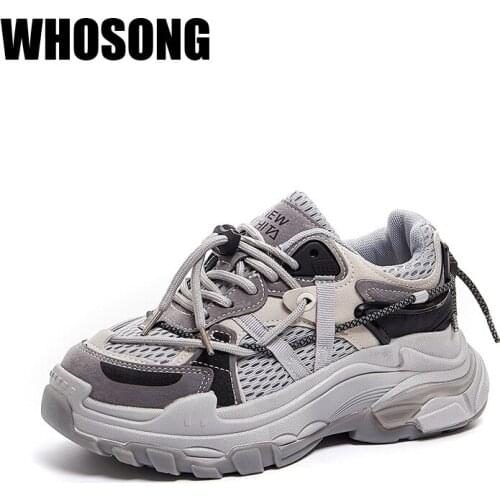 Women Chunky Sneakers Ladies Brand Gray Shoes Girls Real Leather Casual Sneakers Female High Top Sneakers Woman Shoes Trainers