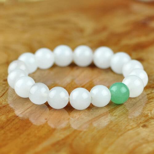 Fashion 10mm White Jades & green jades Gem stone Beads Bangle Stretchy Bracelet>>>silver for women